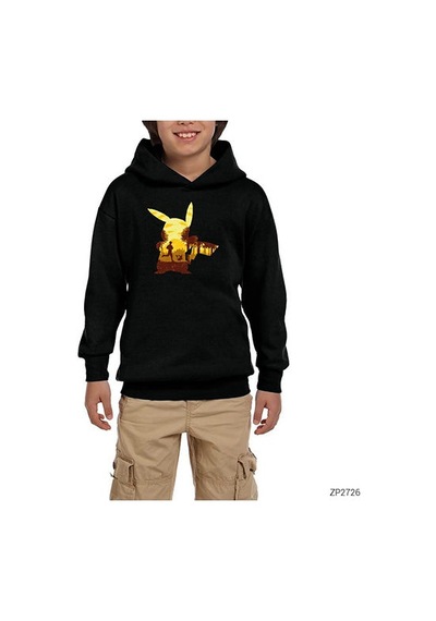 Zepplin Giyim Pikachu Mask Siyah Çocuk Kapşonlu Sweatshirt