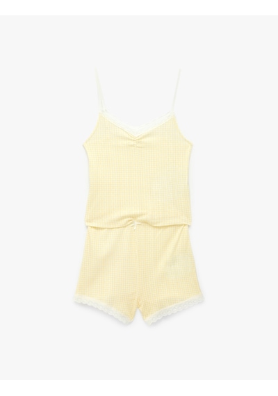 Koton Dantel Detaylı Rahat Kalıp V Yaka Pamuklu Askılı Şortlu Pijama Takımı Sarı Ekose 6slk40200mk Sarı Ekoseli