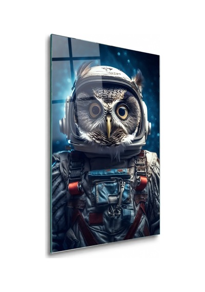 Astronot Kasklı Baykuş Çerçevesiz Cam Tablo