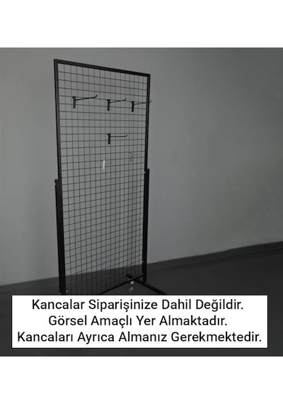 Tekerlekli Sık Telli Tel Raf - Tel Pano Stand, Duvar Askılığı 90x190 Cm Siyah