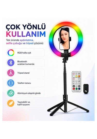 1,9 Metre Rgb Halka Işık Selfie Çubuğu Ve Tripod, 32 Renkli Led Ring Light, Bluetooth