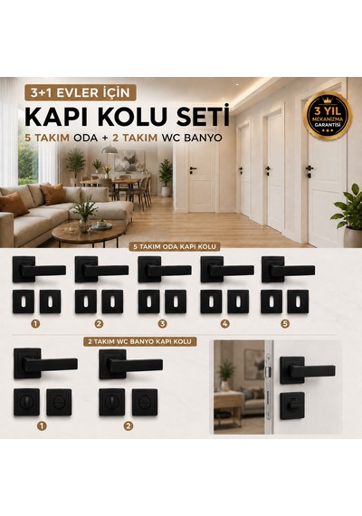 3+1 Evler İçin 7'li Kapı Kolu Seti 5 Takım Oda + 2 Takım Wc Banyo Mat Siyah Kare Rozetli Marka