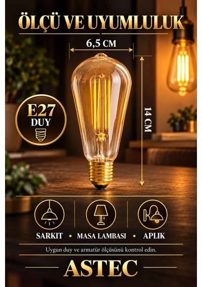 Astec E27 Edison 8 Watt Amber Filament Ampul Dekoratif Filament Led
