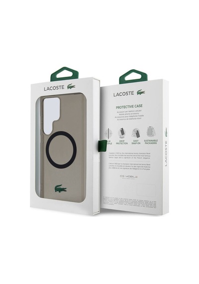 Galaxy Uyumlu S24 Ultra Kılıf Lacoste Lisanslı Magsafe Özellikli Transparan Timsah Logo Baskılı Kapak Siyah
