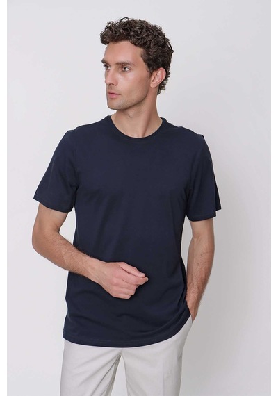 Erkek Lacivert Basic Düz %100 Pamuk Bisiklet Yaka Slim Fit Dar Kesim Kısa Kollu Tişört Lacivert