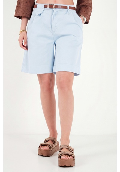 Lela Pamuklu Loose Fit Pileli Kemerli Bermuda Şort Bayan Şort 668yp5439 Mavi