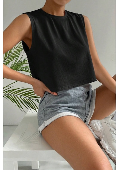 Siyah %100 Pamuk Basic Bisiklet Yaka Süprem Kolsuz T-shirt Siyah