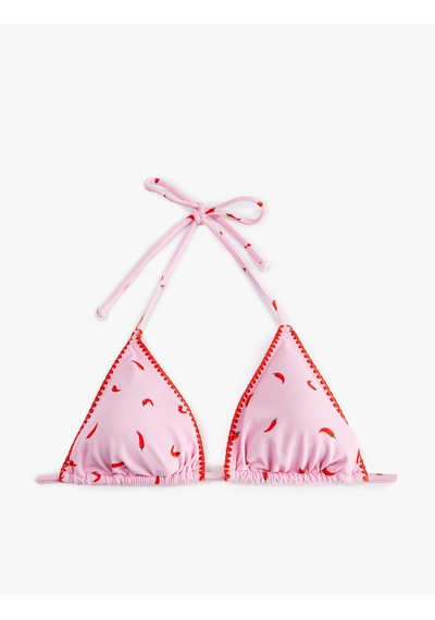 Koton Koton X Sibil Çetinkaya - Biber Baskılı Kroşe Detaylı Üçgen Bikini Üstü Pembe Desenli 6sak10256mm