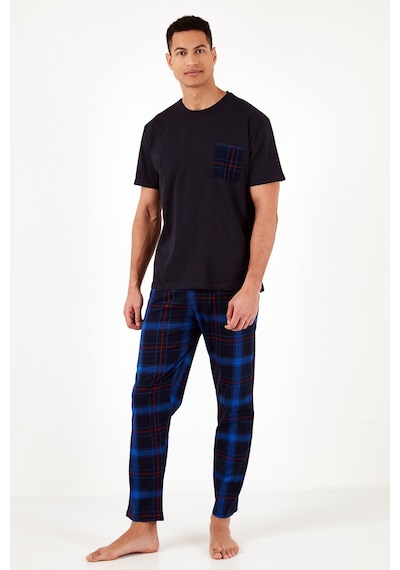 Buratti Ekoseli Pamuklu Regular Fit Kısa Kollu Erkek Pijama Takımı 6572002 Lacivert-Saks