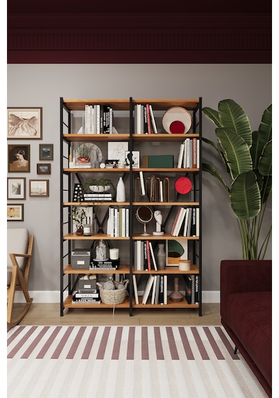 Asra Trend 6 Raflı Metal Kitaplık METALK02 %100 MDF İki Modüllü Geniş Kütüphane Petra