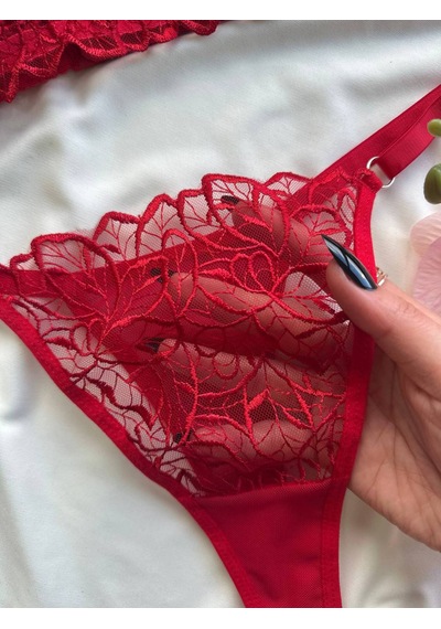 Noateks Kırmızı Yaprak Desenli Transparan Tül Ve Dantel Detaylı Bralet Takım Kırmızı