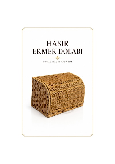Ekmek Dolabı Kapaklı, Hasır Detaylı 35 Cm Krem