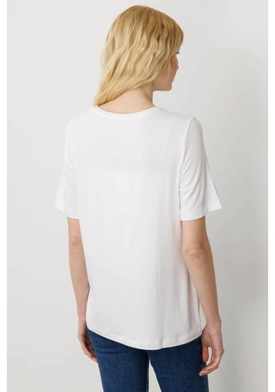 Desen Triko Kadın Sıfır Yaka Önü Taş Baskılı Penye T-shirt 25834 Ekru Ekru