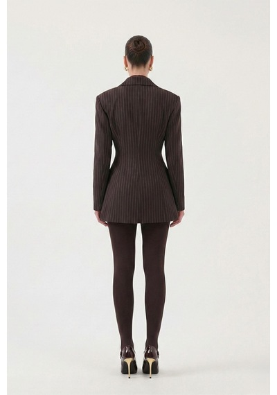 Holly Lolly Belden Oturmalı Çizgili Fit Kesim Karen Blazer Ceket Kahve