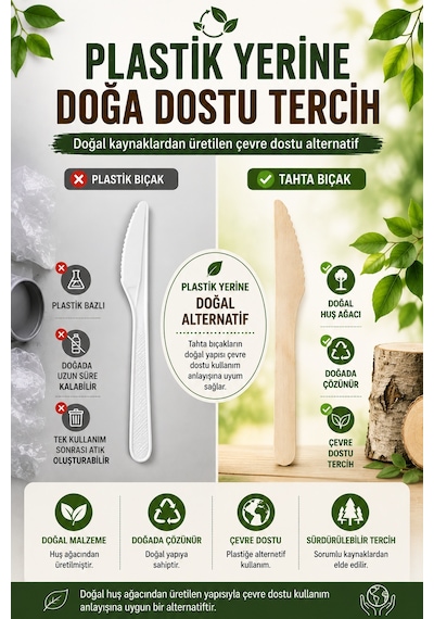 50'li Ekolojik Tahta Bıçak 16 Cm Doğal Huş Ağacı Kullan At Davet Parti Organizasyon Seti