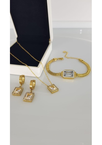 Baget Taşlı Gold Çelik Takı Seti Gümüş - Rose Gold