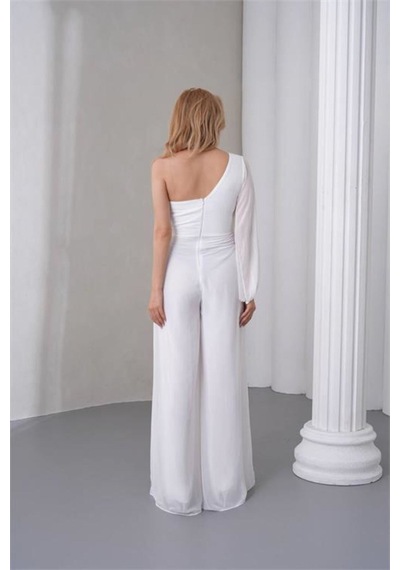 Neşeli Butik Kadın Beyaz Tek Kol Astarlı Tül Kumaş Tasarım Abiye Tulum Nbs9389