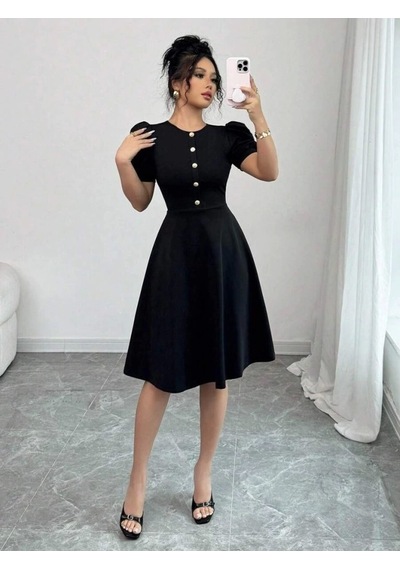 Defymoda Kadın Kısa Kollu Bisiklet Yaka Önden Düğmeli Ithal Krep Elbise Siyah
