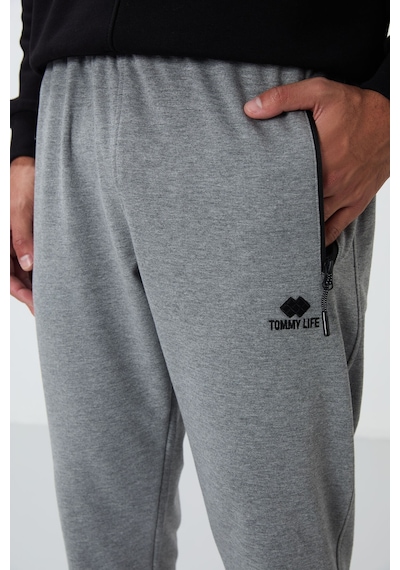 Tommy Life 84651 Erkek Fermuar Cepli Standart Kalıp Jogger Eşofman Alt Gri Melanj