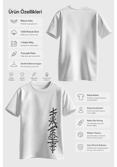 Spoyi Beyaz Kanji Tasarımlı %100 Pamuk Yarım Oversize Beyaz T-shirt