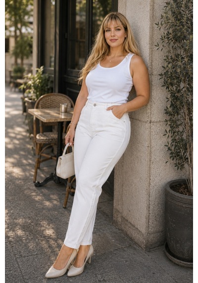 Cedy Denim Mom Fit Jean Büyük Beden Yüksek Bel Carrot Kesim Dar Paça Pileli Esnek Kot Pantolon C600 Beyaz-300