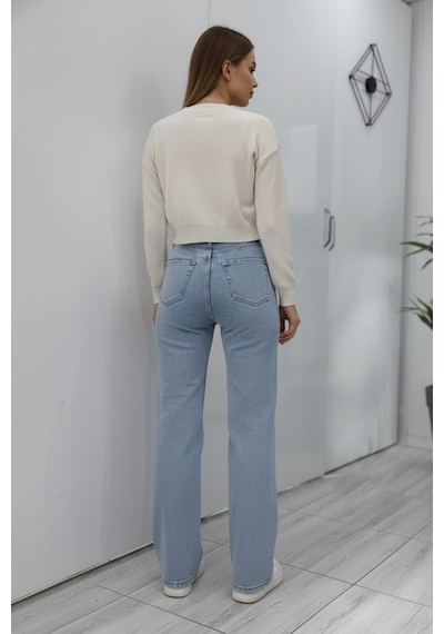 Woddi Nova Kadın Yüksek Bel Kar Yıkama Salaş Jeans Wide Leg Geniş Paça Palazzo Kot Pantolon Taş