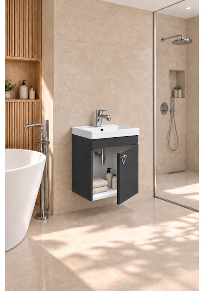 Kemer 50 Cm, Alt Banyo Dolabı, Lavabolu, Antrasit, Kapaklı Banyo Dolabı, Seramik Lavabo Dahil, Mdf Latte Kemer 50 Cm, Alt Banyo Dolabı, Lavabolu, Antrasit, Kapaklı Banyo Dolabı, Seramik Lavabo Dahil, Mdf Latte