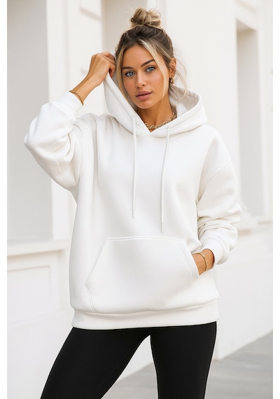 Kadın Ekru Kanguru Cepli Kapüşonlu Scuba Sweatshirt Ekru