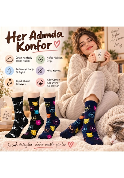 Çorap Giyim Unisex Kedi Desenli Çorap 6'lı Set Pamuklu Renkli Uzun Soket Dikişsiz Nefes Alan Rahat Günlük Çorap Çok Renkli