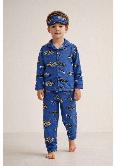 Beka Kids Desenli Uzun Kollu Önden Düğmeli Gömlek Yaka Erkek Çocuk Pijama Takımı Ve Göz Bandı Mavi