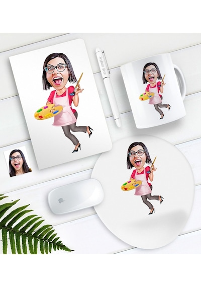 Kişiye Özel Bayan Ressam Karikatürlü Defter Kalem Kupa Mouse Pad