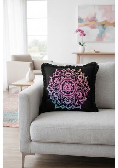 Modern Mandala Sanatı Saçaklı Yastık Kılıfı - Pastel Geçişli Bohem Siyah Püsküllü Kırlent Kılıfı Gün Doğumu Lila Modern Mandala Sanatı Saçaklı Yastık Kılıfı - Pastel Geçişli Bohem Siyah Püsküllü Kırlent Kılıfı Gün Doğumu Lila