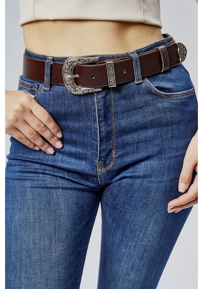 %100 Hakiki Şık Kadın Kemeri Antik Gümüş Desenli 4cm Kahverengi