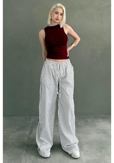 Madmext Beyaz Beli Ayarlanabilir Çizgili Cepli Bol Paça Kadın Pantolon Mg2312 Beyaz