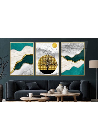 Alüminyum Çerçeveli Gerçek Cama Baskı Sanat Temalı 3'lü Set Cam Tablo 0054