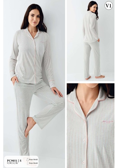 Pierre Cardin 9051 Kadın Uzun Kollu Gömlek Pijama Takımı-nil Nil Yeşili