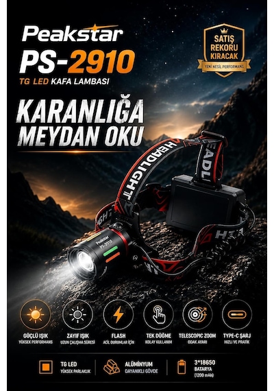 Peakstar Ps-2910 3000 Lümen Şarjlı Profesyonel Zoomlu Kamp Avcı Balıkçı Kafa Lambası Feneri Siyah