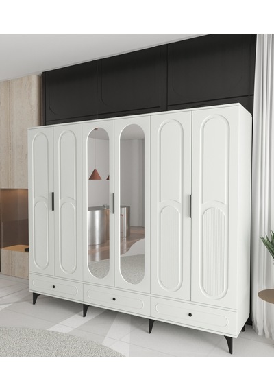 Derin 6 Kapaklı Çekmeceli Gardırop - Tamamı Mdf Beyaz