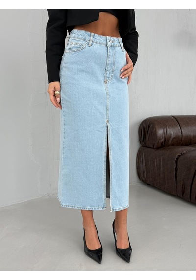 Yüksek Bel Yırtmaçlı Denim Etek Çok Renkli