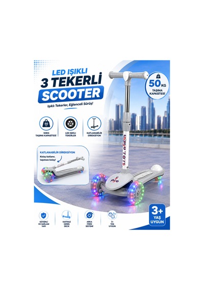 Gtpro Çocuk Scooter Katlanabilir 3+yaş 3tekerli Led Işıklı 50kğ Kapasite Gri