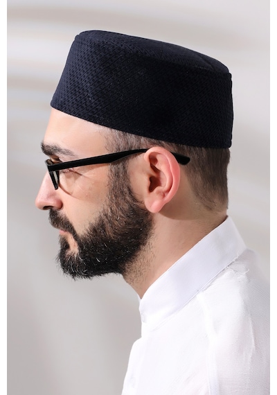 Lacivert Petek Kareli Kadife Kalıp Namaz Takkesi