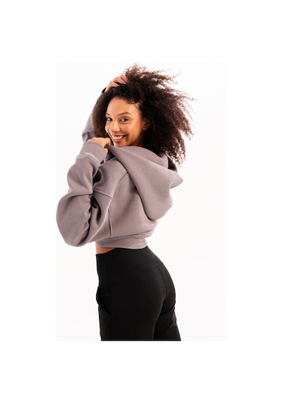 Justever Crop Kapüşonlu Fermuarlı Kanguru Cepli Şardonlu Hoodie Gri Kadın Sweatshirt - Lumen Gri