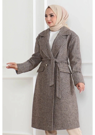 Kadın Kaşe Kaban Uzun Boy Kruvaze Yaka Kuşaklı Tesettür Kaşe Kaban Astarlı Yünlü - Vizon