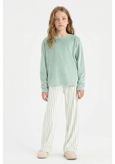 Defacto Pijama Takımı Polar Uzun Kollu Üst Çizgili Uzun Alt Kız Çocuk D1068A824WN Yeşil