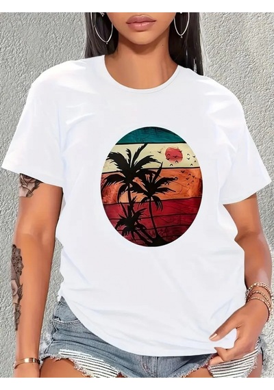 Etiler Collection Kadın Kısa Kollu Palmiye Baskılı Viskon T-shirt Beyaz