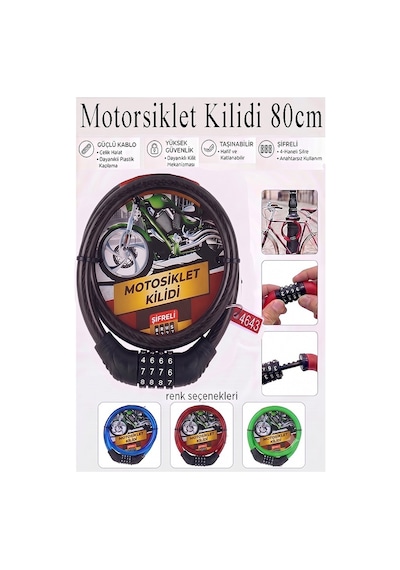Şifreli Motosiklet Kilidi 80 Cm 1 Adet K-3682 Çelik Halat Plastik Kaplamalı Bisiklet Kiliti Motorsiklet Scooter Kapı Siyah