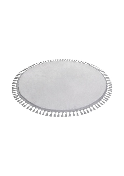 Comfort Oval Overloklu Peluş Halı Gri Gri Ponpon Saçaklı Daire