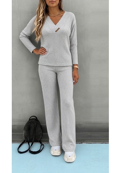 Butik İstanbul Kadın Uzun Kollu V Yakalı Şardonlu Kaşkorse Bluz Ve Pantolon Ikili Takım Gri