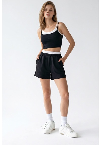 Mixray 2151 Kadın Biye Detaylı Askılı Crop Top Şort Takım Siyah