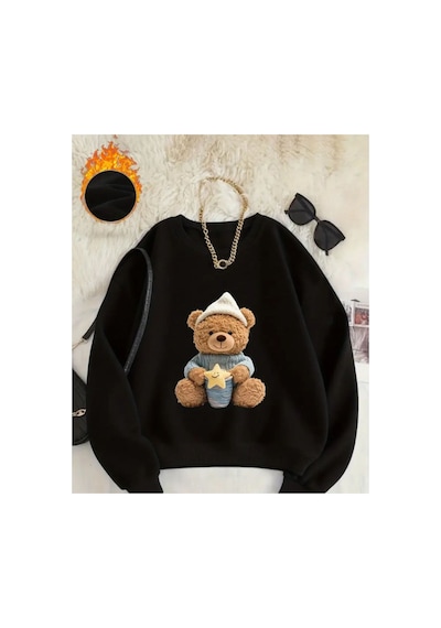 Herkesemoda Uykucu Ayı Baskı Detaylı Bisiklet Yaka Sweatshirt Siyah